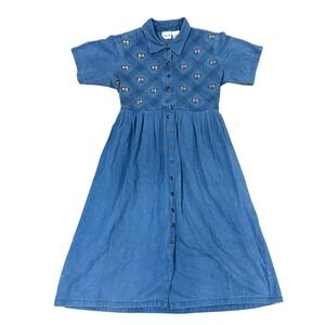 VTG 80s Bentley Plus Denim Dress Floral Short Sleeve Button Front Midi Womens 18